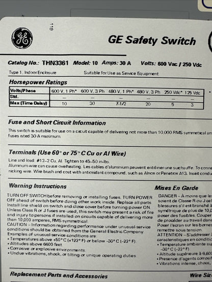 GE THN3361 MODEL 10 SAFETY SWITCH 30A 600VAC 3PH 30HP 250VDC 5HP NON-FUSIBLE