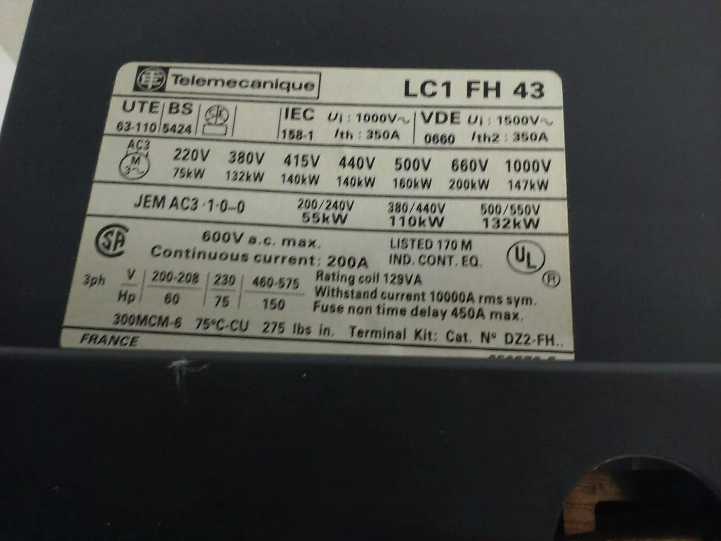 TELEMECANIQUE LC1FH43 CONTACTOR 3PH 600VAC 150HP 200A LA1F221 LX4 FH 190VDC