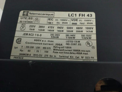 TELEMECANIQUE LC1FH43 CONTACTOR 3PH 600VAC 150HP 200A LA1F221 LX4 FH 190VDC