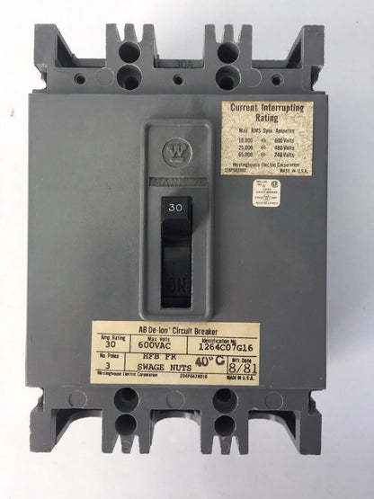 WESTINGHOUSE CIRCUIT BREAKER 30AMP 3POLE 600VAC 1264C07G16