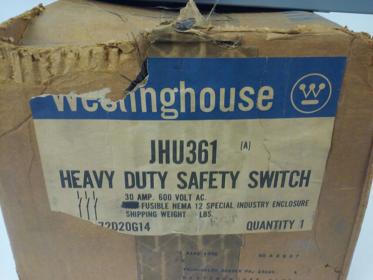 WESTINGHOUSE JHU361- JHFN361 FUSIBLE SAFETY SWITCH , 3PH, 30A, 600V,20HP,NEMA 12