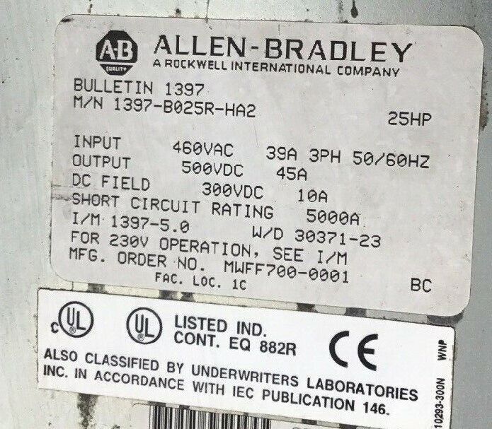 ALLEN BRADLEY 1397-B025R-HA2 DC DRIVE 25HP 3PH 460VAC/500VDC 45A 50/60HZ