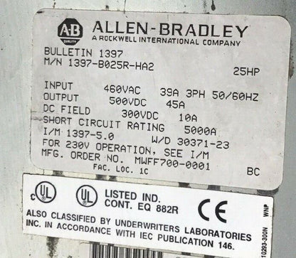 ALLEN BRADLEY 1397-B025R-HA2 DC DRIVE 25HP 3PH 460VAC/500VDC 45A 50/60HZ