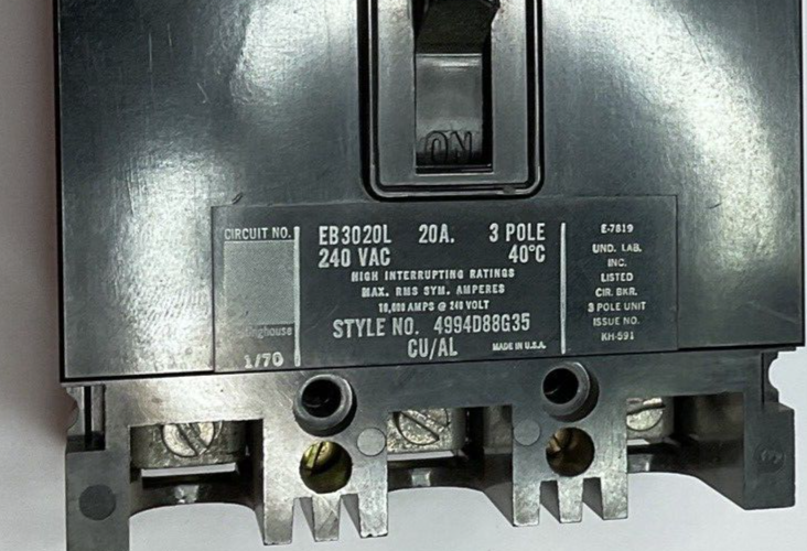 WESTINGHOUSE EB3020L CIRCUIT BREAKER 20A 3POLE 240VAC