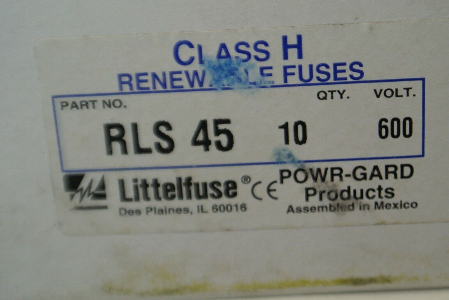 BOX of 10 / LITTELFUSE RLS45 POWR-GARD RENEWABLE FUSE 45A / 600V / NEW SURPLUS