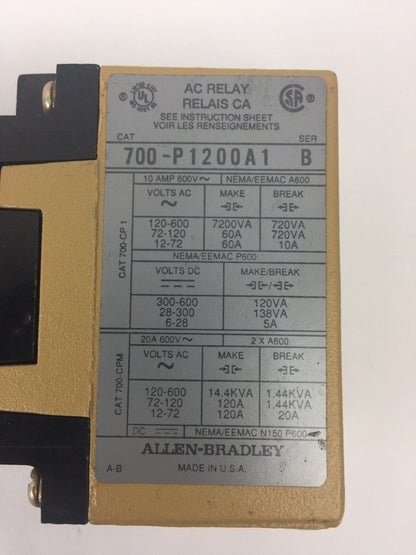 ALLEN BRADLEY 700-P1200A1 SER B AC RELAY 115-120V 60HZ 110V 50HZ COIL