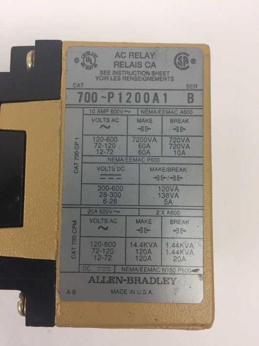 ALLEN BRADLEY 700-P1200A1 SER B AC RELAY 115-120V 60HZ 110V 50HZ COIL