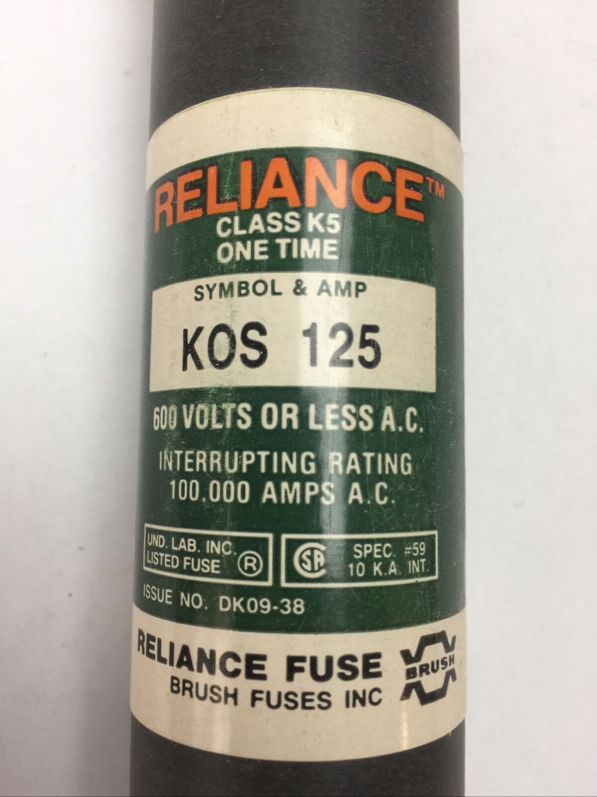 RELIANCE KOS125 CLASS K5 ONE TIME FUSE 125AMP 600VAC