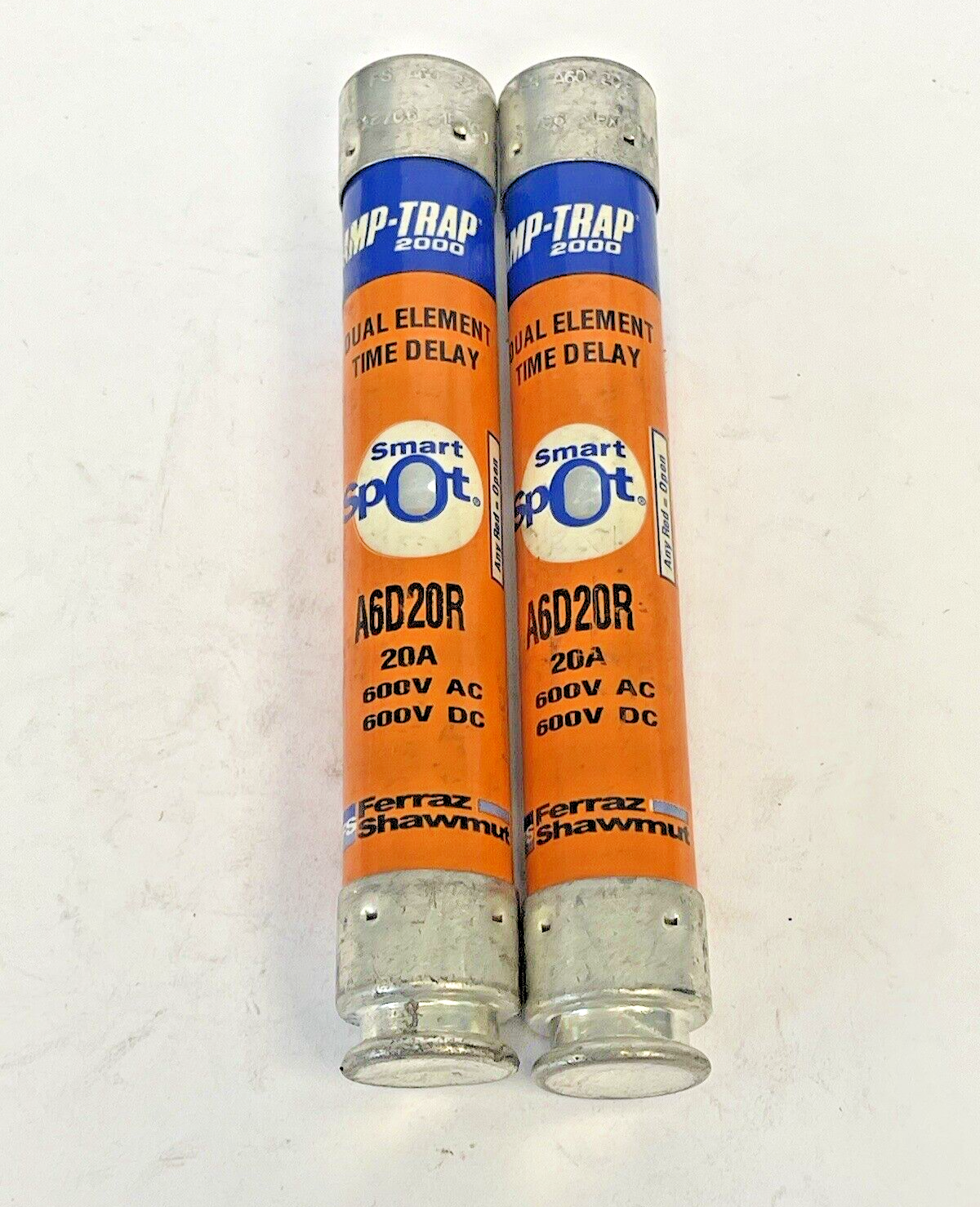 FERRAZ SHAWMUT *LOT OF 2* - A6D20R - 20 AMP, 600 VAC, TIME-DELAY, DUAL-ELEMENT