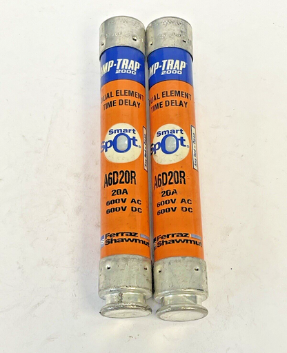 FERRAZ SHAWMUT *LOT OF 2* - A6D20R - 20 AMP, 600 VAC, TIME-DELAY, DUAL-ELEMENT