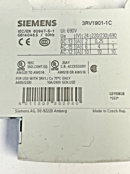 SIEMENS *LOT OF 2*- 3RV1901-1C - AUXILIARY SWITCH - CIRCUIT BREAKER ACCESSORY