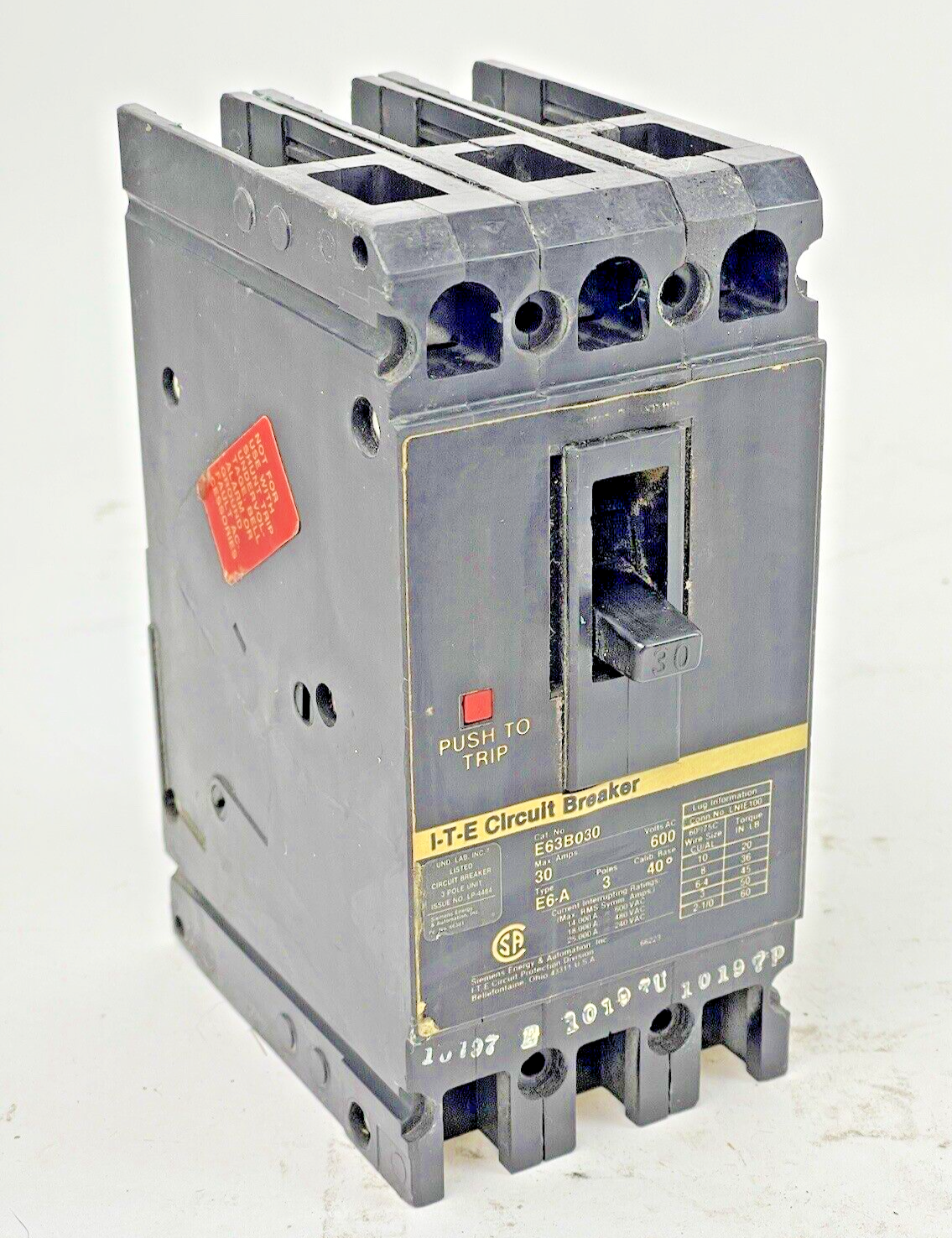 ITE - SIEMENS - E63B030 - CIRCUIT BREAKER - 30 A, 600 VAC, 3 POLE, TYPE E6-A