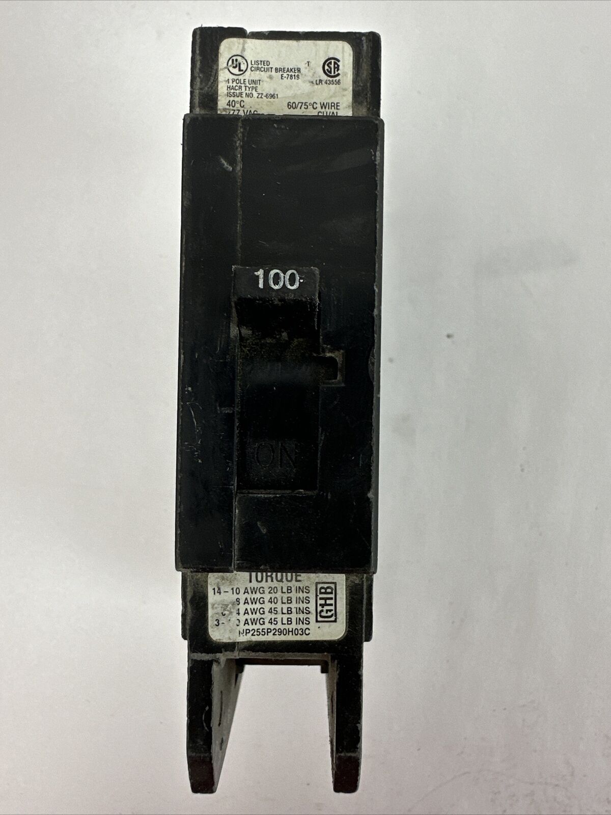 CUTLER HAMMER GHB1100 CIRCUIT BREAKER 100AMP 1POLE 277VAC MISSING SCREW FOR LUG