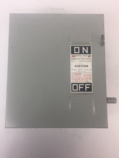 FPE H3632SN FUSIBLE SAFETY SWITCH 240VAC 250VDC 60AMP 15HP 3PH 3 POLE TYPE 1