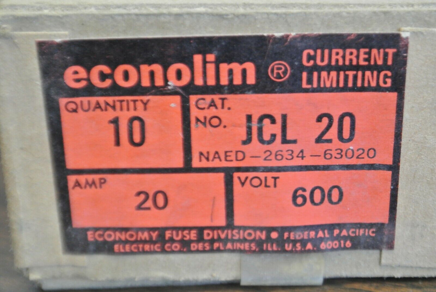 BOX of 10 / ECONOMY JCL20 "ECONOLIM" CLASS J FUSE / 20A / 600V / NEW SURPLUS