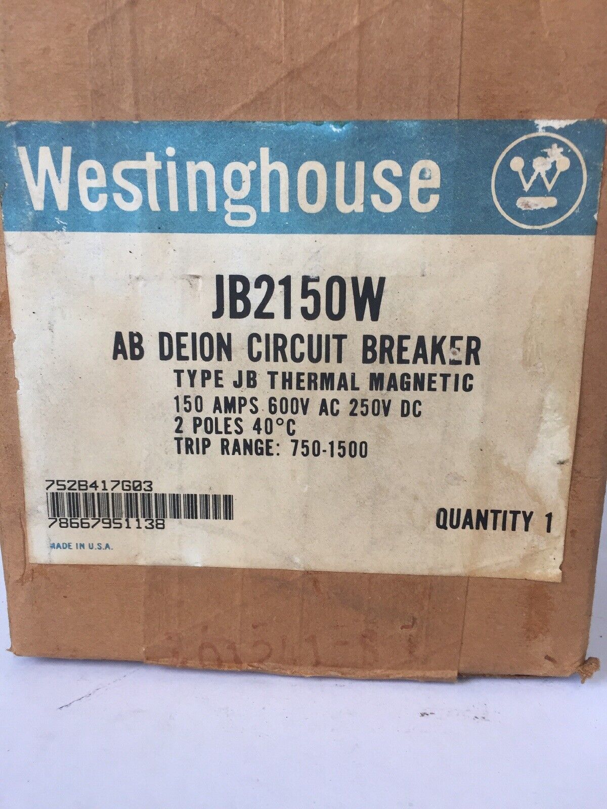 WESTINGHOUSE JB2150W AB DEION CIRCUIT BREAKER 150A 600VAC 250VDC 2 POLE