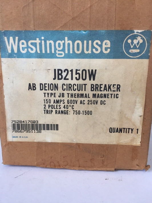 WESTINGHOUSE JB2150W AB DEION CIRCUIT BREAKER 150A 600VAC 250VDC 2 POLE