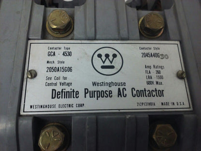 WESTINGHOUSE GCA4530 AC CONTACTOR, 600V MAX, FLA 260A-LRA 1500A, 120V COIL, USED