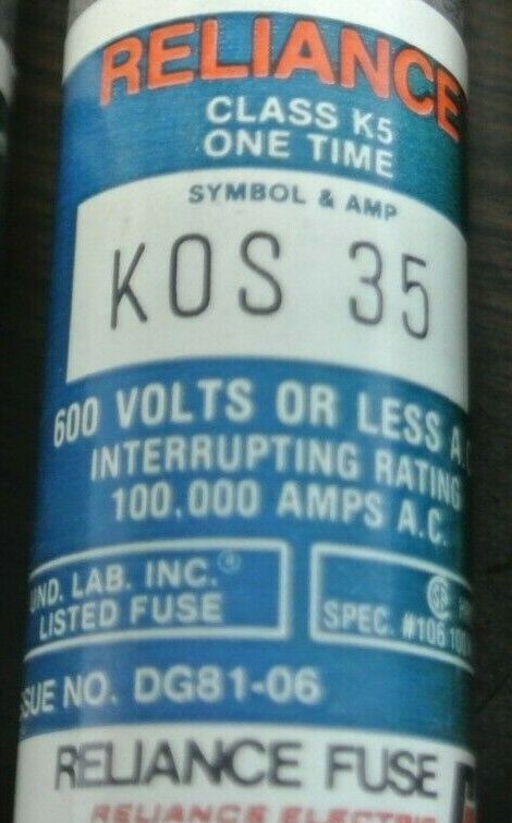 LOT of 3 / RELIANCE KOS35 ONE-TIME FUSE / 35A / 600V / NEW SURPLUS