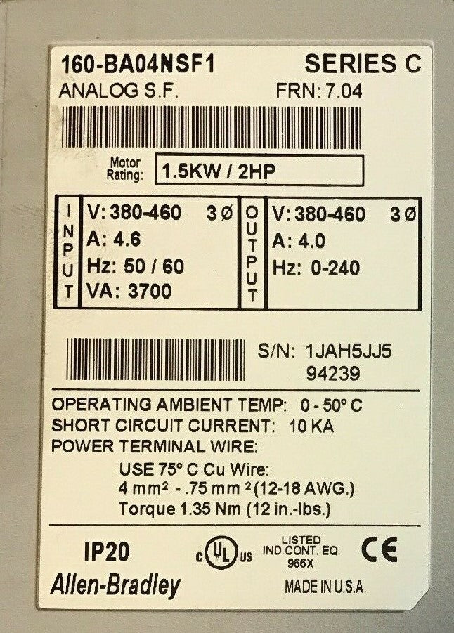 ALLEN BRADLEY 160-BA04NSF1 FREQUENCY DRIVE  SER.C ANALOG S.F. 1.5KW 2HP 380-460V