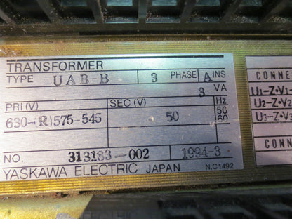 YASKAWA TRANSFORMER 313183-002 TYPE UAB-B 3-PHASE 1994-3 PRI V 575-545, SEC 50