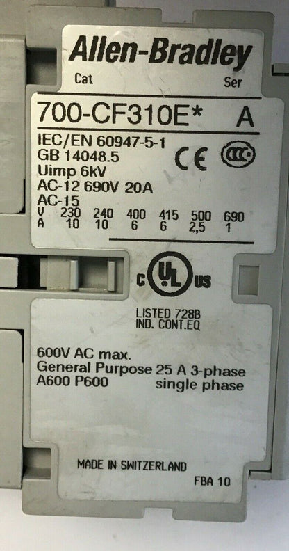 ALLEN BRADLEY 700-CF310E SER.A CONTROL RELAY W/ 100-FPT SER.A