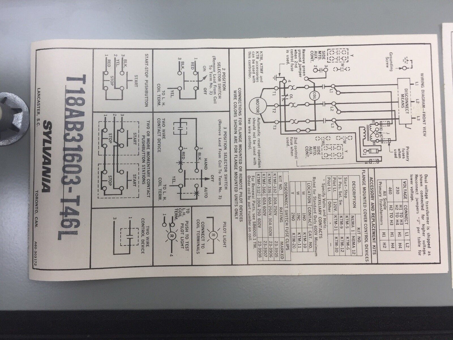 SYLVANIA T18AB31603-T46L A.C. MAGNETIC COMBINATION STARTER 30A 600V COIL 110-120