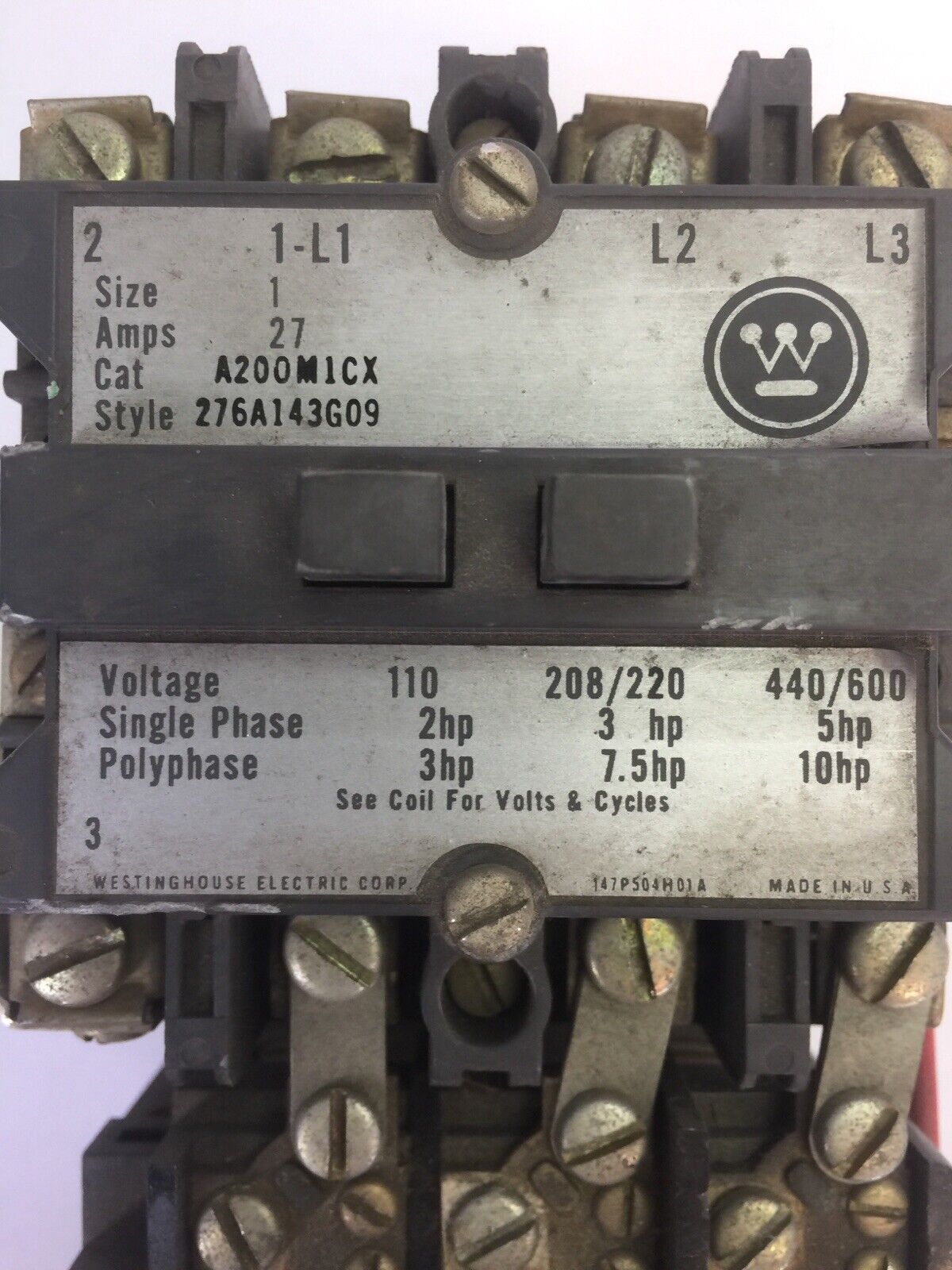 WESTINGHOUSE A200M1CX SIZE 1 STARTER 27A 600VAC 10HP 276A143G09