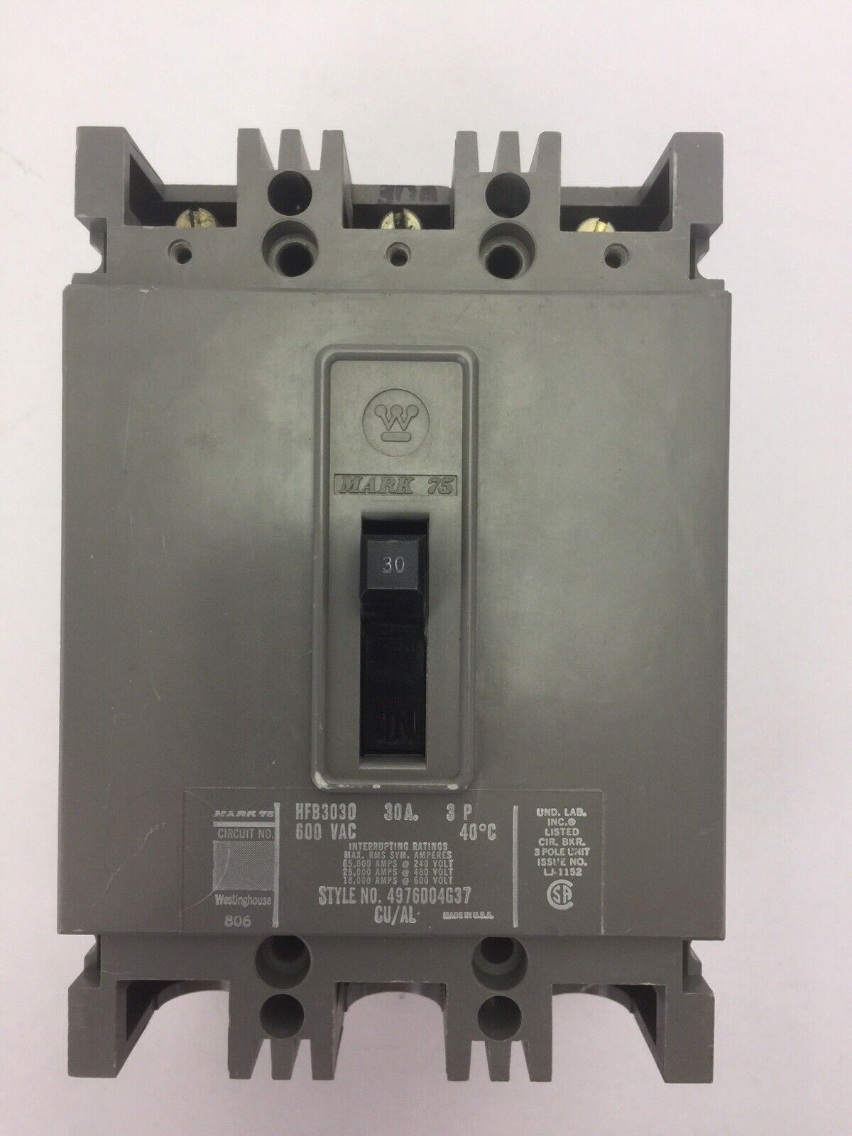 WESTINGHOUSE HFB3030 AB DE-ION CIRCUIT BREAKER 30A 600VAC 3 POLE 4976D04G37