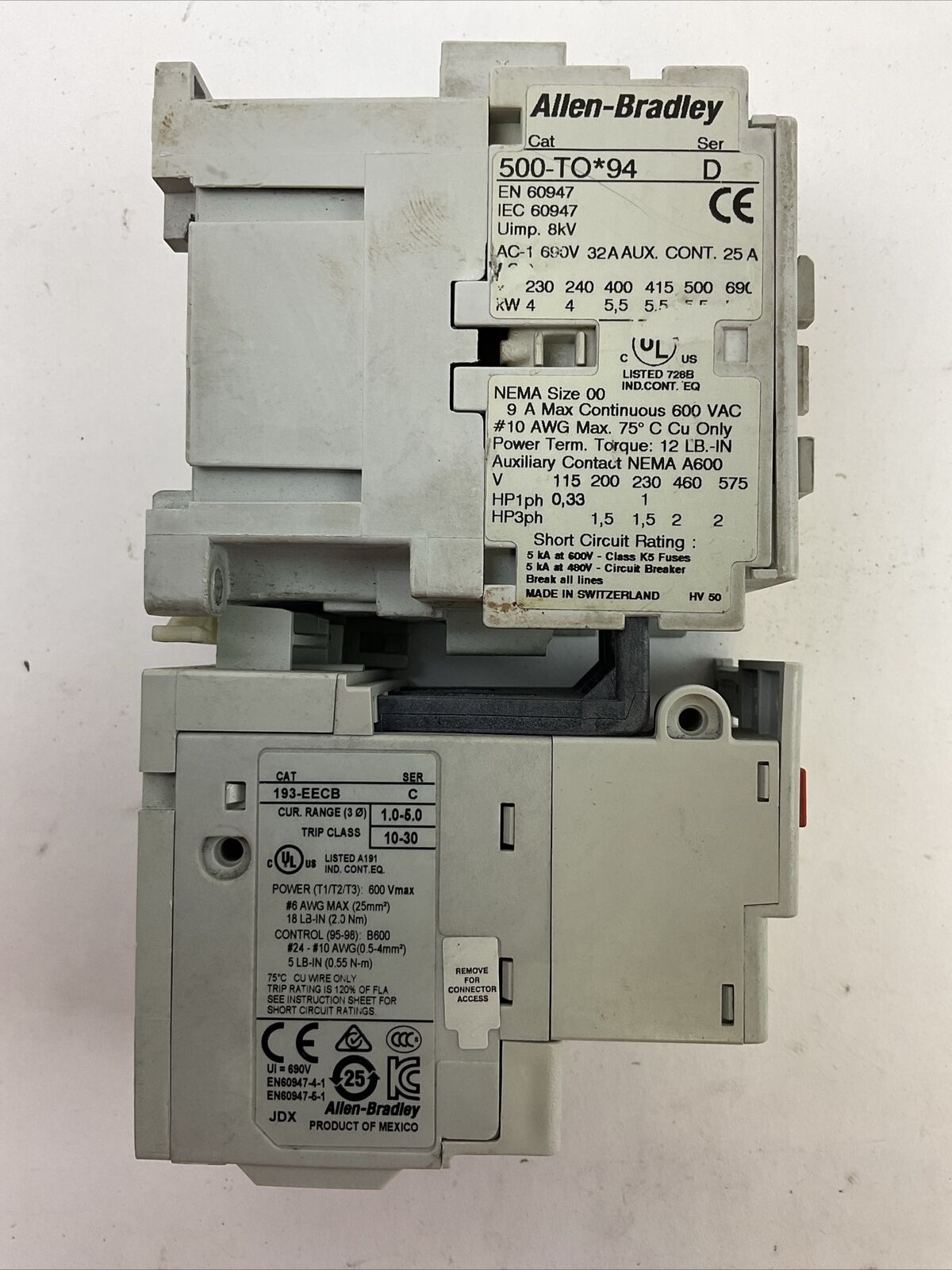 ALLEN BRADLEY STARTER (500-TO*94 SER D COIL 120V + 193-EECB SER C 1.0-5.0A)