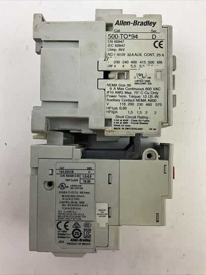 ALLEN BRADLEY STARTER (500-TO*94 SER D COIL 120V + 193-EECB SER C 1.0-5.0A)