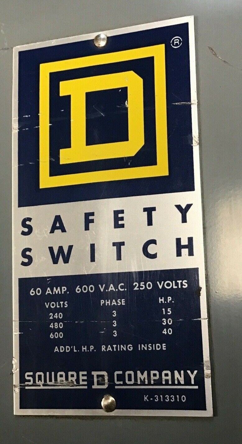 SQUARE D HU 362 WH SAFETY SWITCH SER.A1 60A NON FUSIBLE TYPE1 600VAC 40HP