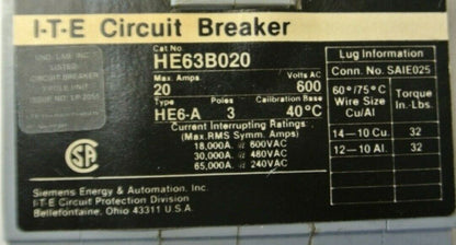 I-T-E / SIEMENS HE63B020 CIRCUIT BREAKER / 3-POLE / 20A / 600VAC / NEW SURPLUS