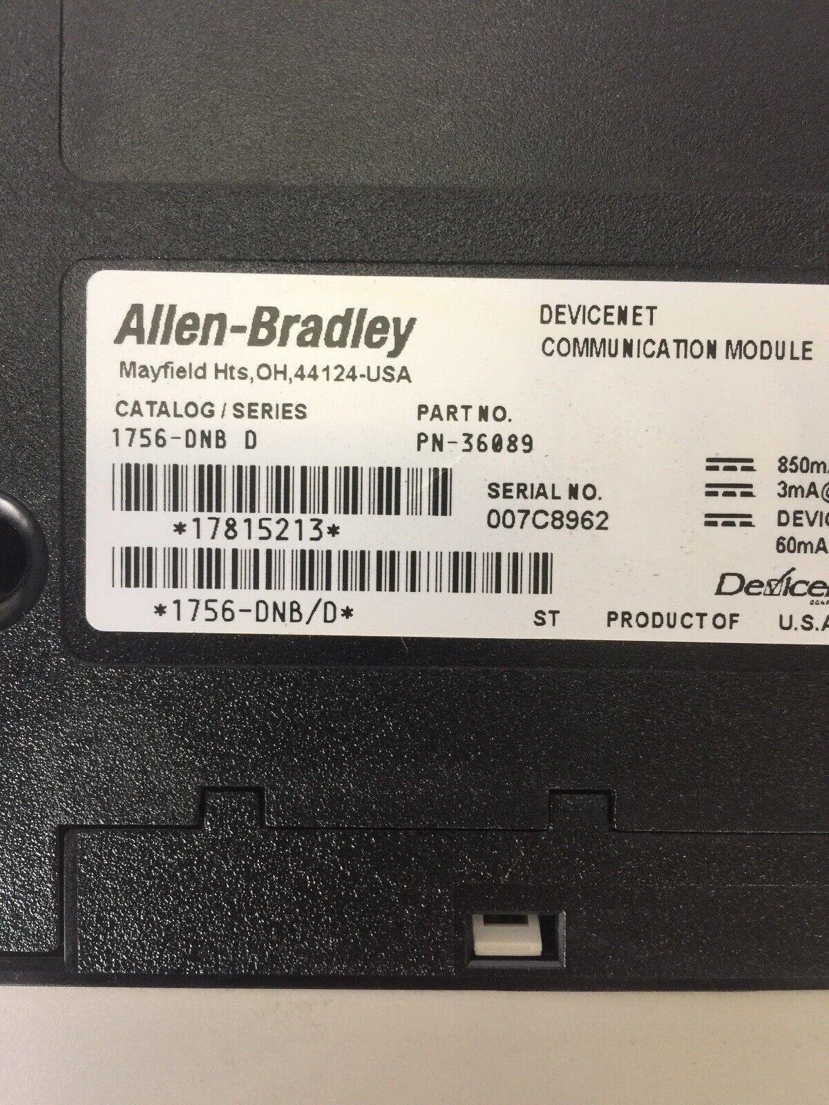 ALLEN BRADLEY 1756-DNB DEVICENET COMMUNICATION MODULE SER D 24VDC F/W REV 11.003
