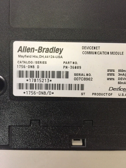 ALLEN BRADLEY 1756-DNB DEVICENET COMMUNICATION MODULE SER D 24VDC F/W REV 11.003