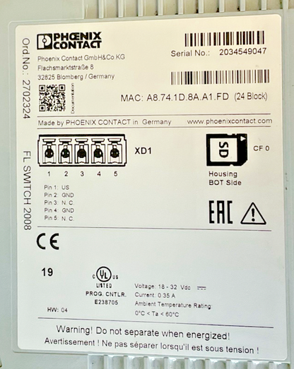 PHOENIX CONTACT FL SWITCH 2008 ETHERNET SWITCH 0.35A 18-32VDC