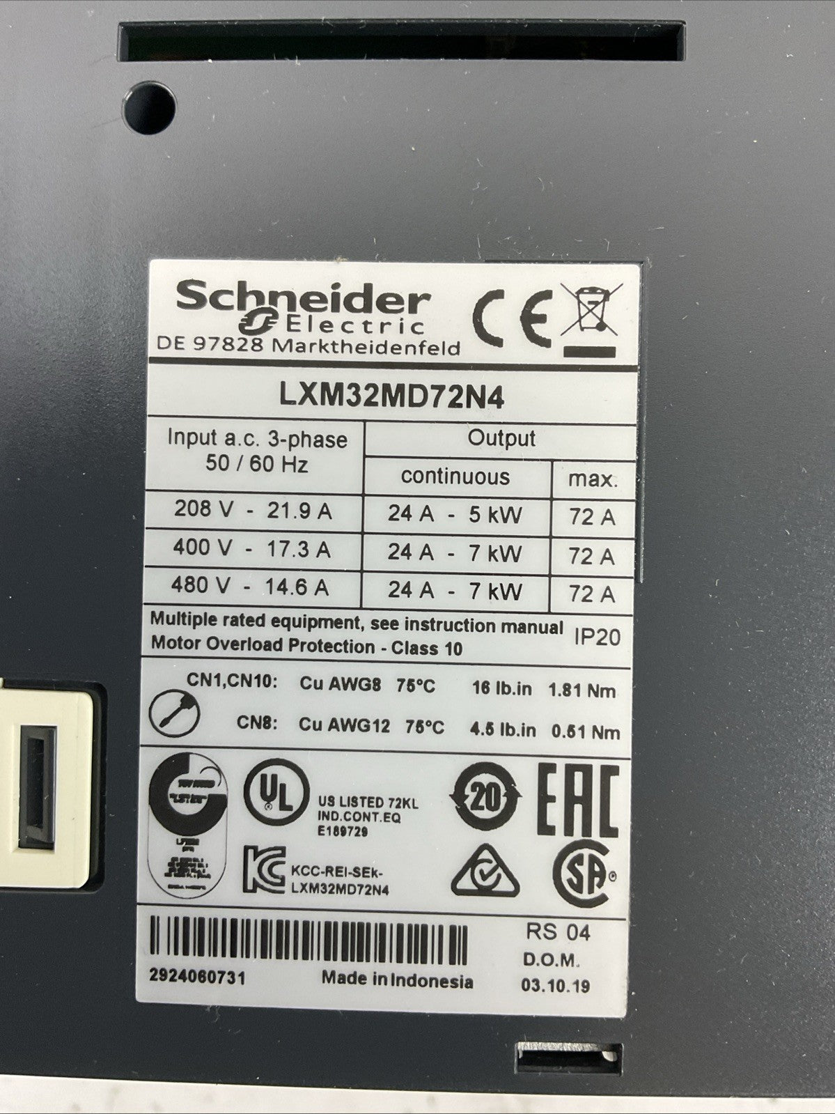 SCHNEIDER ELECTRIC LXM32MD72N4 AC SERVO DRIVE INPUT 3PH 208/400/480V OUTPUT 7kW