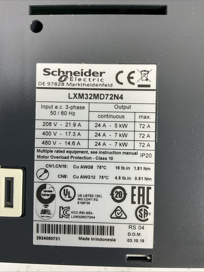 SCHNEIDER ELECTRIC LXM32MD72N4 AC SERVO DRIVE INPUT 3PH 208/400/480V OUTPUT 7kW