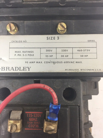 ALLEN BRADELY 500-DOD930 STARTER SIZE 3 600VAC 90A CD236 115-120V 60HZ 110V 50HZ