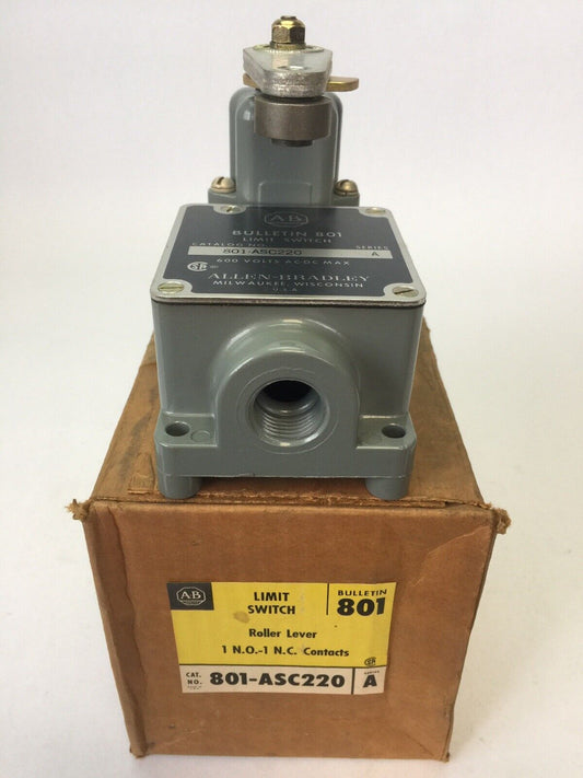 ALLEN BRADLEY 801-ASC220 LIMIT SWITCH ROLLER LEVER 600V AC/DC 1 N.O.-1 N.C. CONT