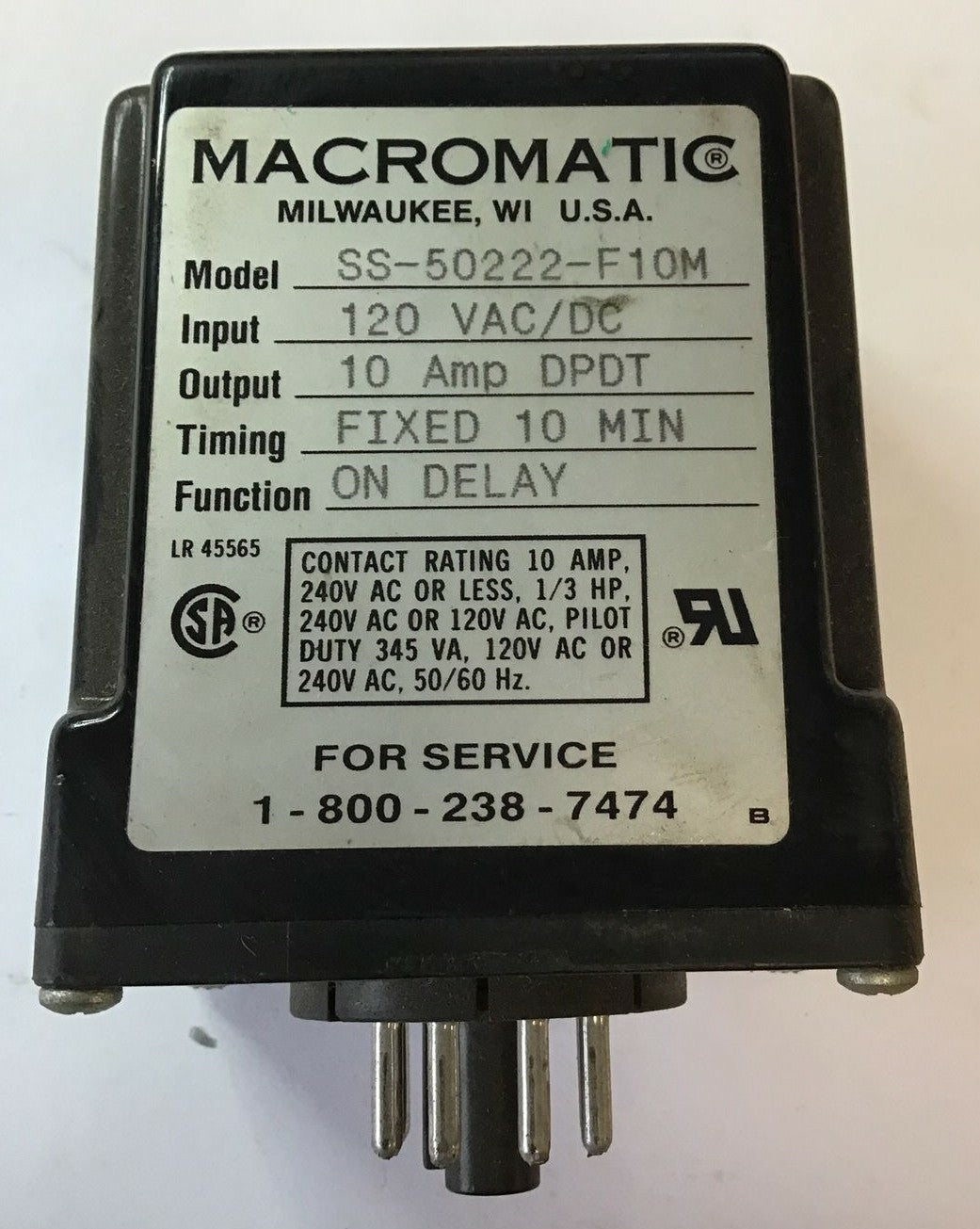 MACROMATIC SS-50222-F10M TIME DELAY RELAY FIXED 10MIN 120VAC/DC 10A ***LOTOF2***