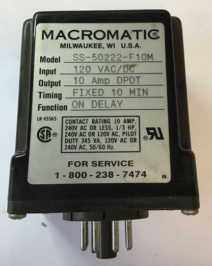 MACROMATIC SS-50222-F10M TIME DELAY RELAY FIXED 10MIN 120VAC/DC 10A ***LOTOF2***