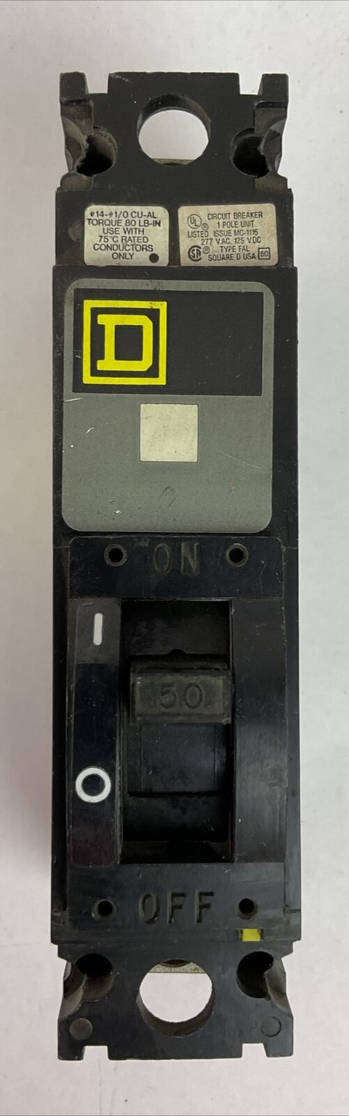 SQUARE D FAL14050 277VAC 125VDC 50AMP 1POLE CIRCUIT BREAKER