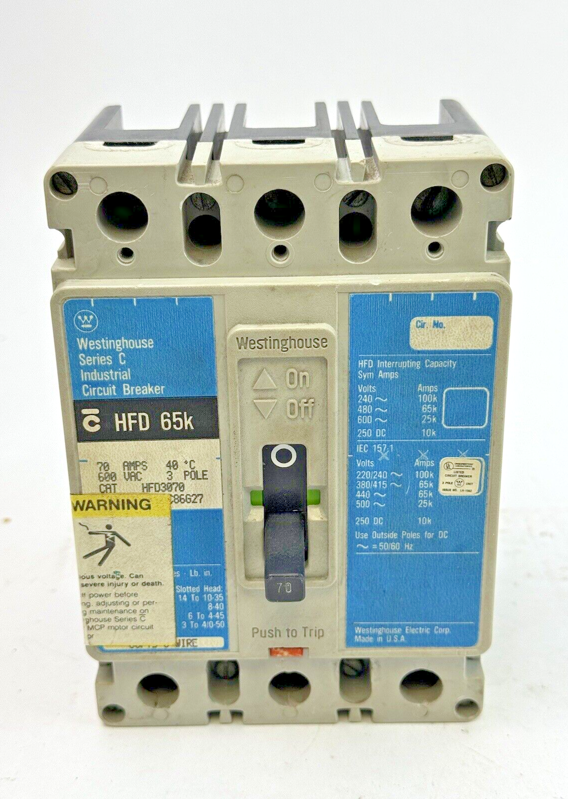 WESTINGHOUSE - HFD3070 - INDUSTRIAL CIRCUIT BREAKER - 3 POLE/ 70 A/ 600 VAC