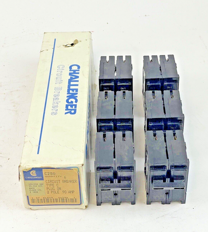CHALLENGER *BOX OF 6* - C290 - 90A, 2 POLE TYPE C CIRCUIT BREAKERS, 120/240 VAC