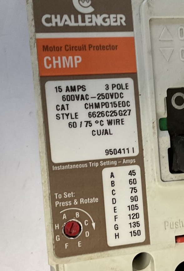 CUTLER HAMMER CHMP015E0C CIRCUIT BREAKER 600VAC-250VDC 15A 3POLE