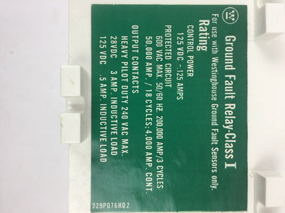 WESTINGHOUSE GFR60ED GROUND FAULT RELAY ELEC RESET W/O INTLK 255P156H08D