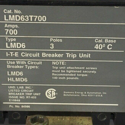 ITE LMD63T700 CIRCUIT BREAKER TRIP UNIT 700AMP MAGNETIC ADJ 3200-8000 3POLE