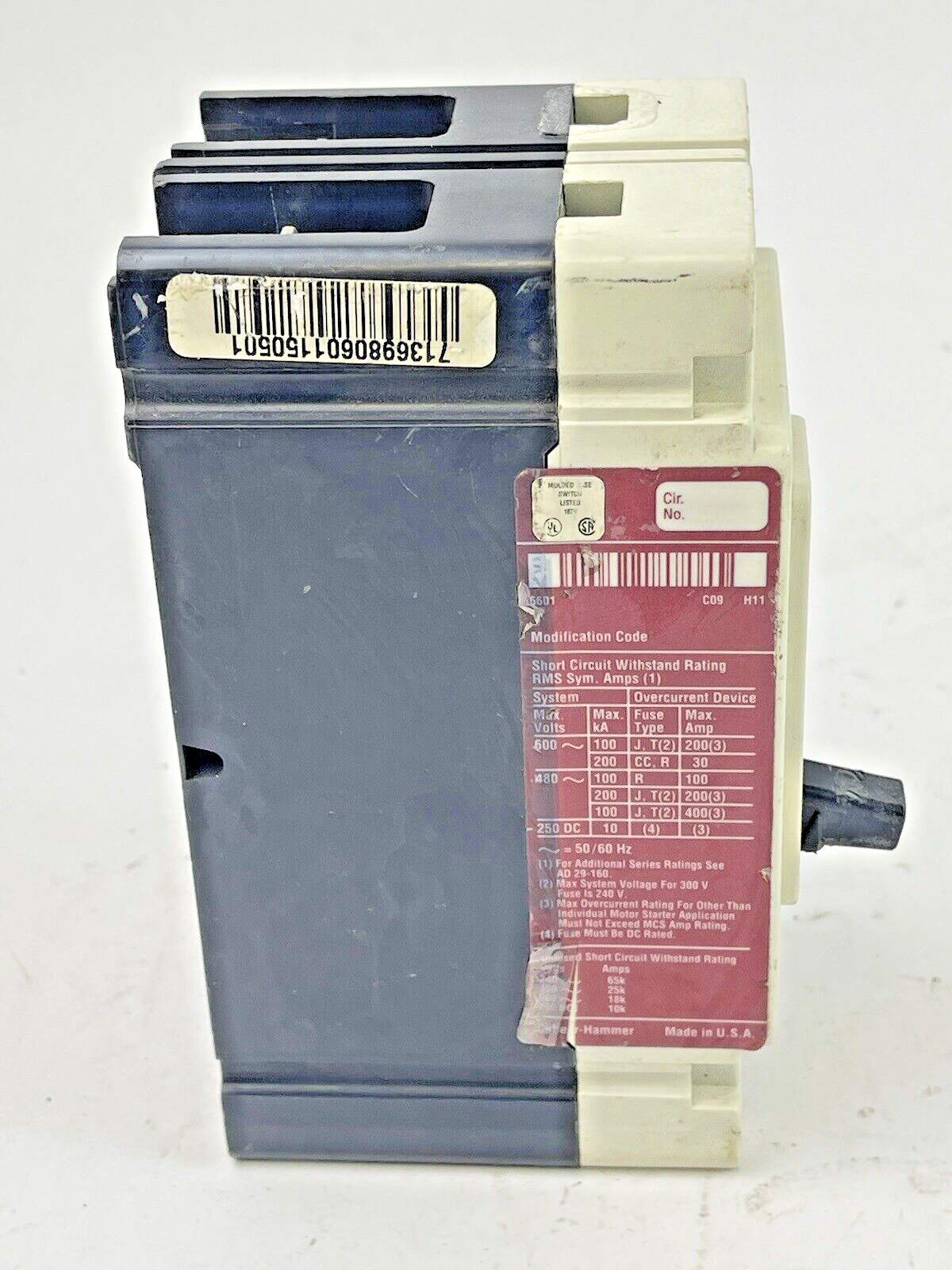 EATON - CUTLER-HAMMER - FD2100K - MOLDED CASE CIRCUIT BREAKER -100A/2POLE/600VAC