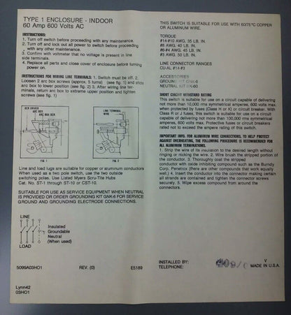 WESTINGHOUSE, HUN362, SAFETY SWITCH, 60A, 600V, 3P, TYPE 1 INDOOR ENCLOSURE, NEW